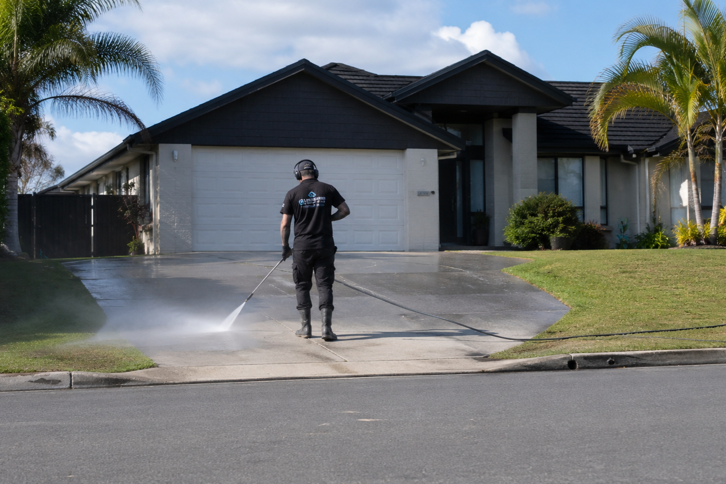 Residential water blasting service cleaning a driveway outside a family home in East Auckland, including Botany, Mission Bay, St Heliers, Remuera and surrounding suburbs.
