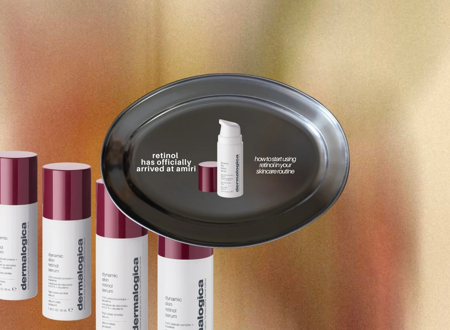 an orange coloured background with a silver plate and the dermalogica retinol product displayed on it with the blogs header in white text.