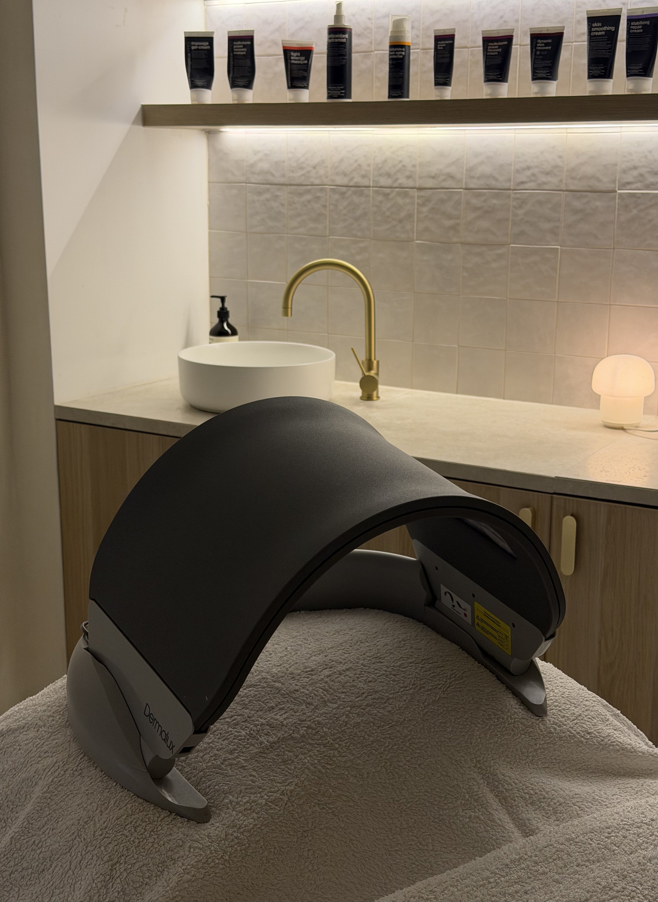 LED Light Therapy Dermalux Branded set up in the Amiri facial room ready for a client to use.