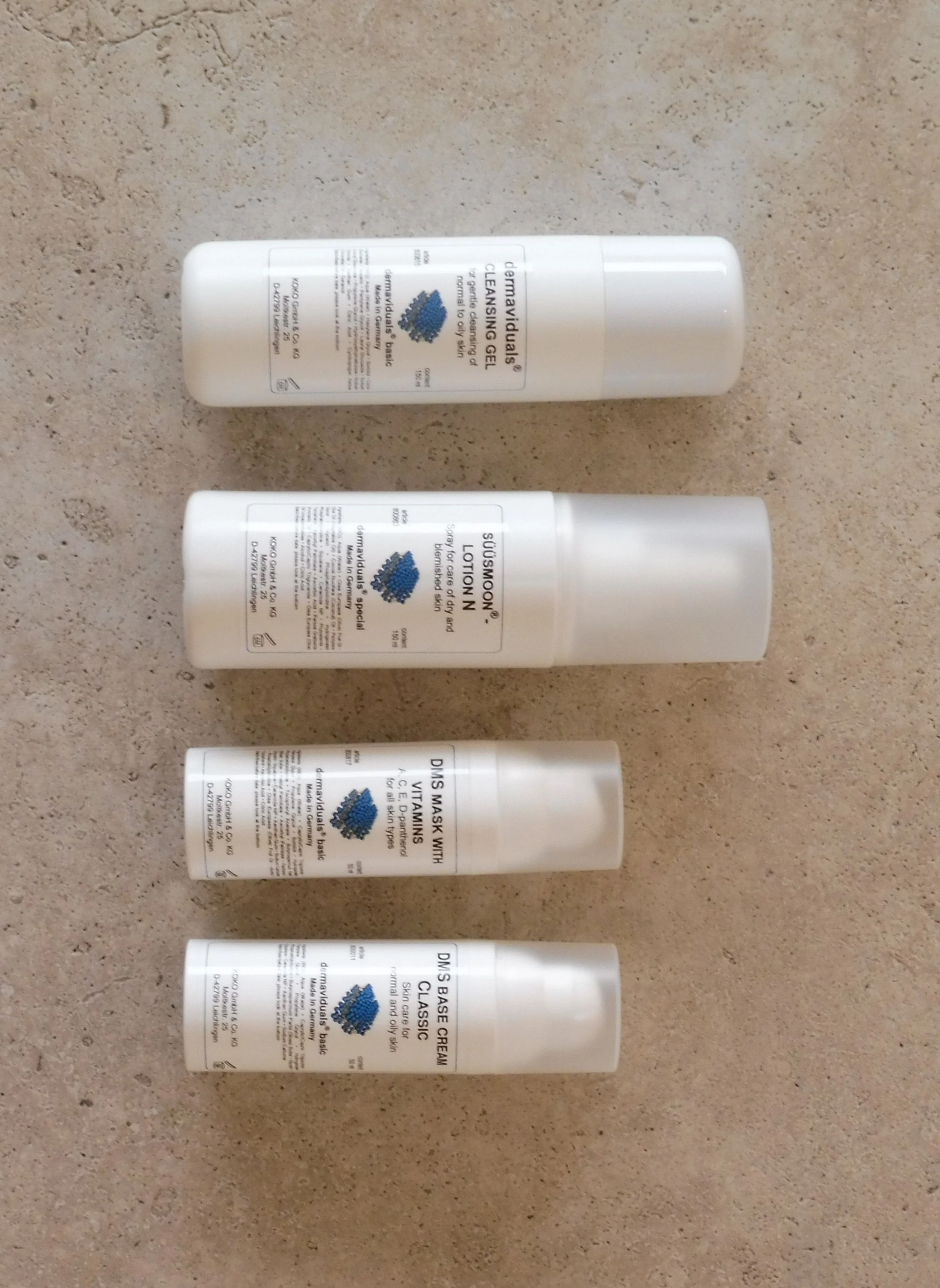 A sideways image of dermaviduals products on AMIRI Studio tiled flooring in Newcastle.
