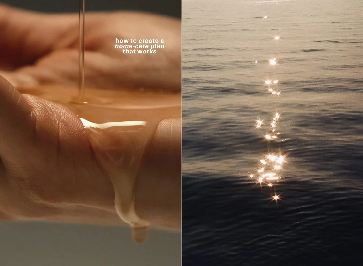 A close up shot of a hand with liquid skincare serum being poured on it paired with a shot of the ocean with the sun glistening on it