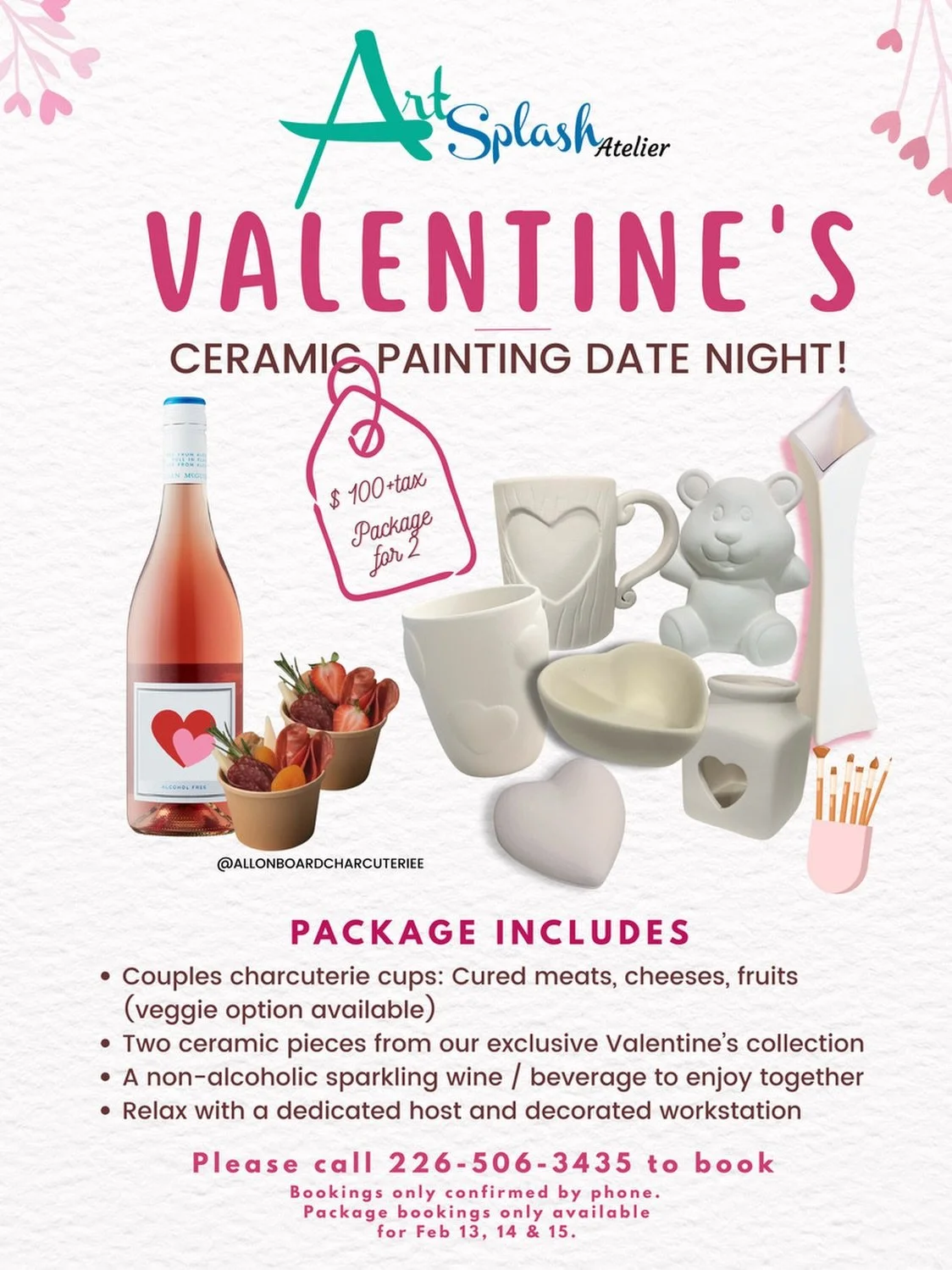 Planning for Valentine&rsquo;s? 💗

🎨 We&rsquo;ve got you covered with our Ceramic Painting Package, paint love-themed pottery together, $100 + tax

Your experience includes 
🥂 a non-alcoholic sparkling toast
🎨 a cozy decorated workstation
👩&zwj;