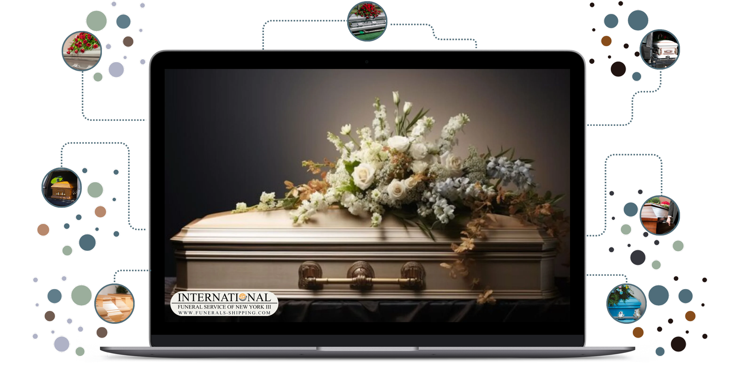 International & Domestic funeral services casket selection - A computer screen displaying a funeral casket with a floral arrangement on top, surrounded by small icon images of flowers, cars, and a hand holding a clapperboard, with a black background.