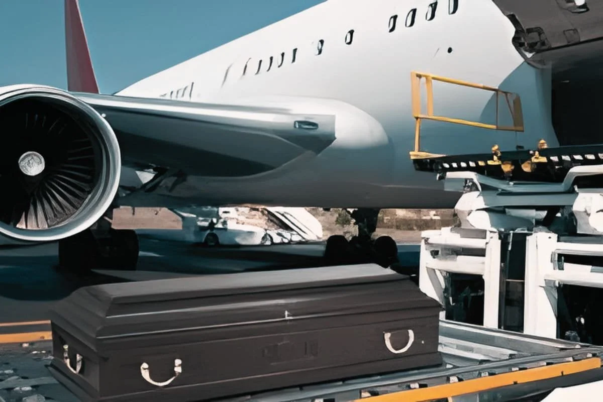 Close-up of a large commercial airplane on the tarmac with a black coffin nearby, possibly at an airport or for transportation.