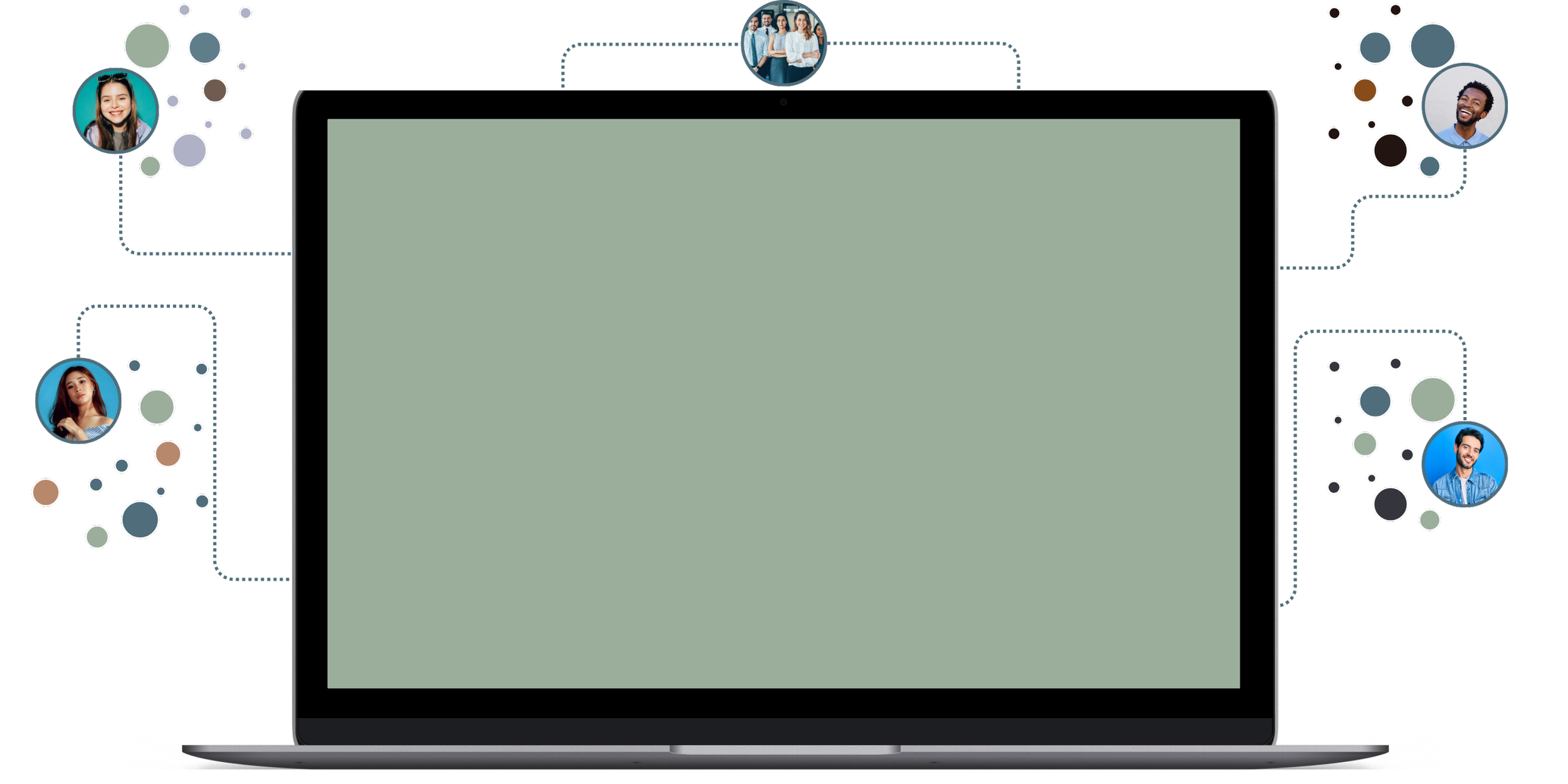 International & Domestic funeral services - Graphic of a laptop with a circuit board pattern in the background, featuring five round profile pictures of diverse young people around it.