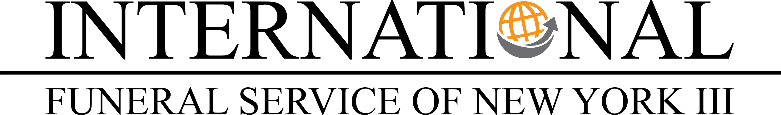Logo of International Funeral Service of New York, featuring an orange globe with gray arrow, with the company's name in stylized text.