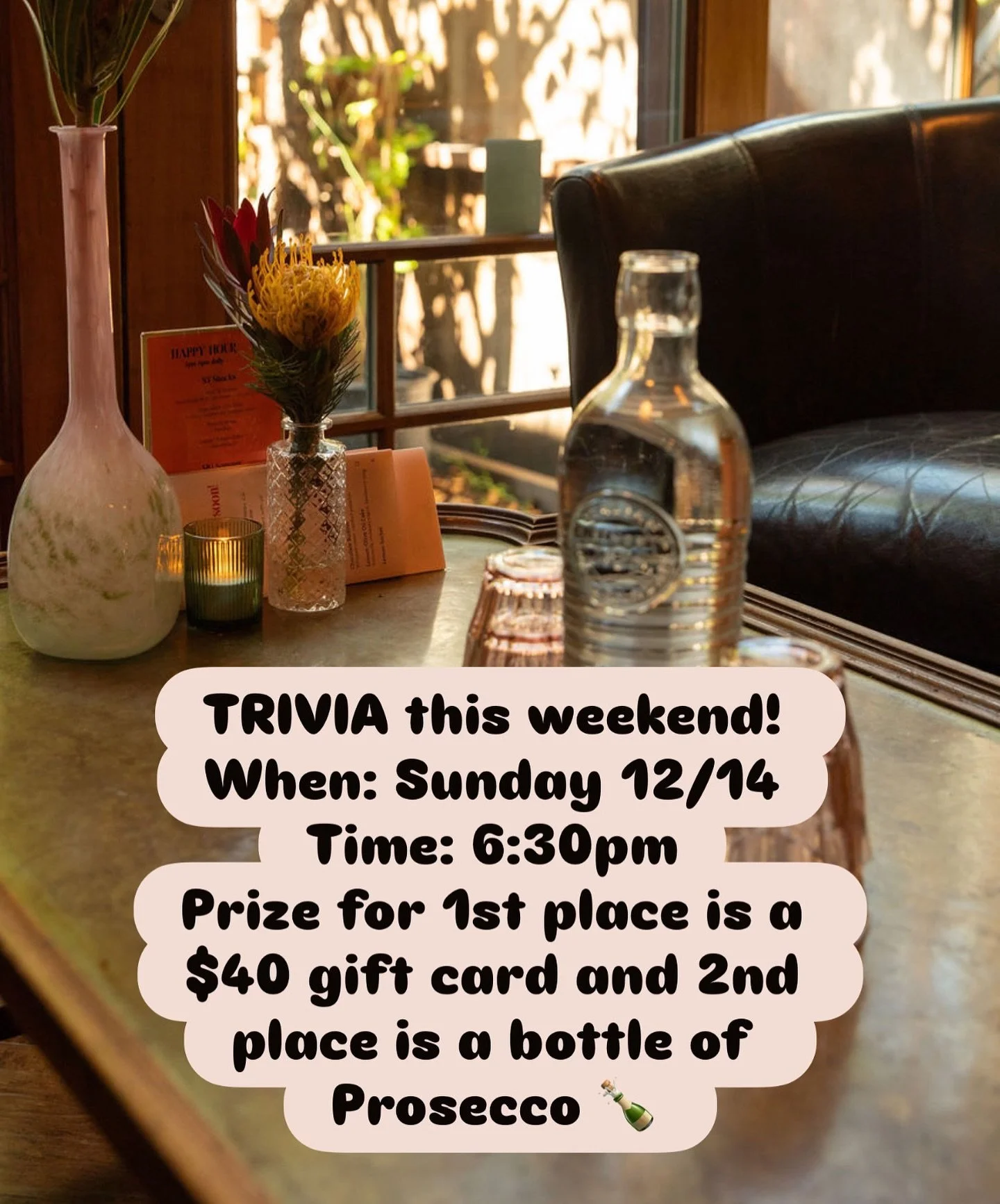 TRIVIA is this Sunday at 6:30 pm! Teams of 2-4 people. Prizes for 1st and 2nd place.
