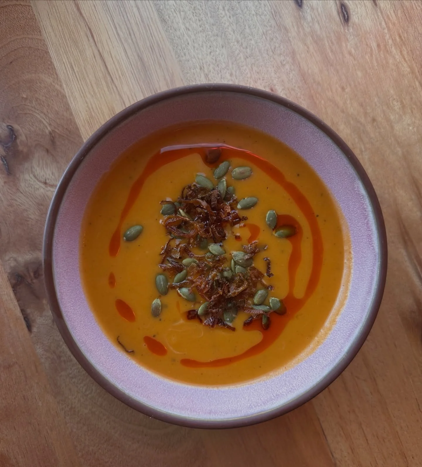 Butternut squash soup with coconut milk 🥥 fried leeks, toasted pepitas and Aleppo oil. (Vegan) it&rsquo;s still cold so we still have soup 🍲 but maybe we&rsquo;ll do something different soon. Maybe potato leek? Get it while it&rsquo;s hot!