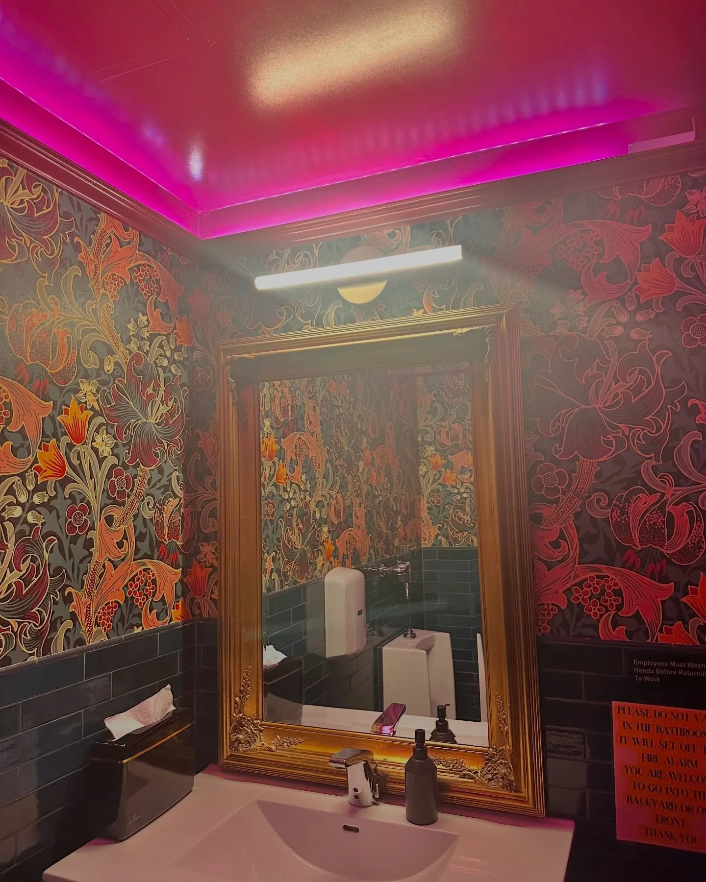 I live for the drama of this bathroom 🚽 can someone photoshop out the urinal? 😅 btw, If the bathroom in the restaurant is cute, the food tastes better. It&rsquo;s just science. 
&bull;
&bull;
&bull;
&bull;
#houseofhackney #wallpaper #interiordesign