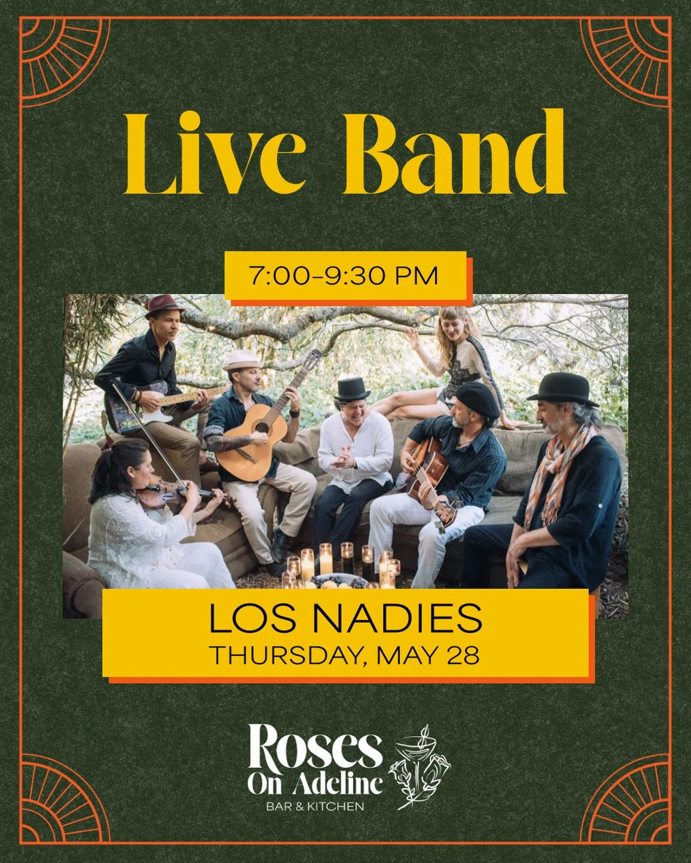 We are so excited to have local band, neighbors and friends @musicalosnadies performing here tomorrow night, Thursday 5/28 starting at 7pm. &ldquo;Their repertoire easily journeys through rumba, flamenco, hip-hop, cumbia, and rock&rdquo; so get ready