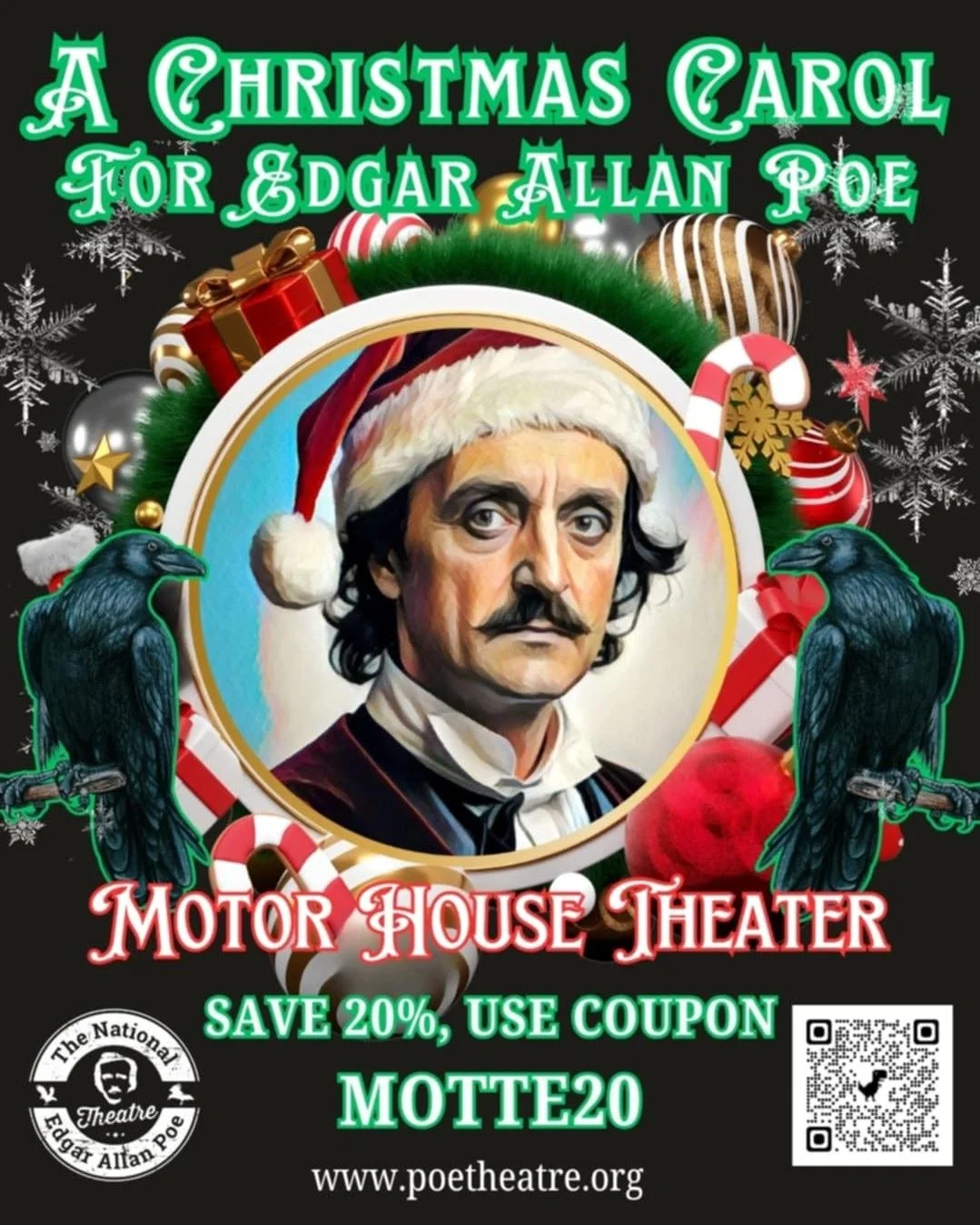 Hey Hey Hey!!!! We've got our own special discount code for our followers! You can get 20% off any ticket during the run of A Christmas Carol For Edgar Allan Poe, running December 5-21 at Motor House! All you have to do is use the code MOTTE20 at che