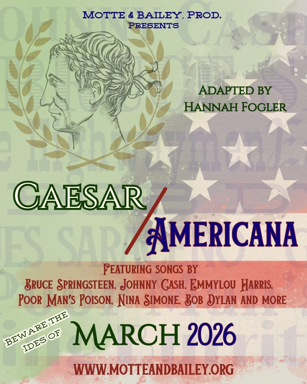 Caesar is coming... and Hell's coming with him.
Motte &amp; Bailey, prod. is proud to present Caesar / Americana, a musical adaptation of William Shakespeare&rsquo;s classic Julius Caesar by Hannah Fogler. Hot off the wild success of her previous mus
