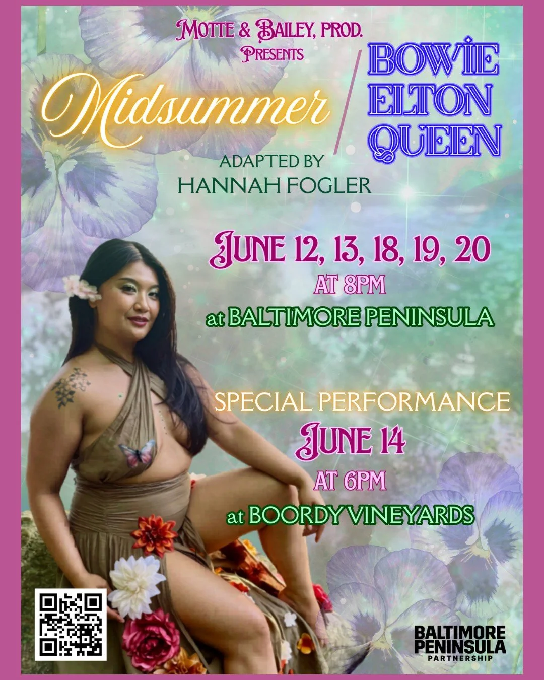 Titania is holding court... bow before your queen.
Grab your tickets for the musical mashup of the summer.
Midsummer / Bowie Elton Queen at Elijah's Park on Baltimore Peninsula, June 12-20.
Special Performance at Boordy Vineyards on June 14.
Tickets 
