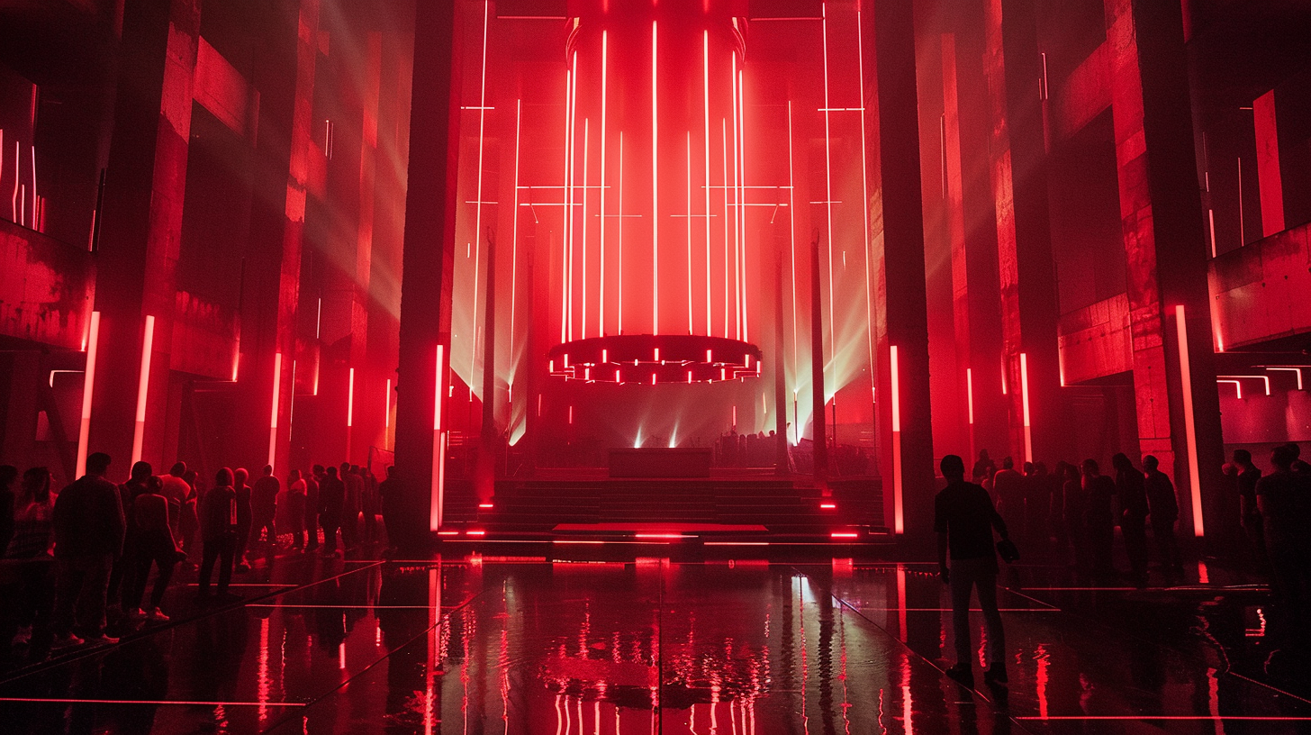 An indoor concert or event venue with red lighting, featuring a stage with vertical light bars, a circular DJ or performance booth, and people standing in line or waiting.