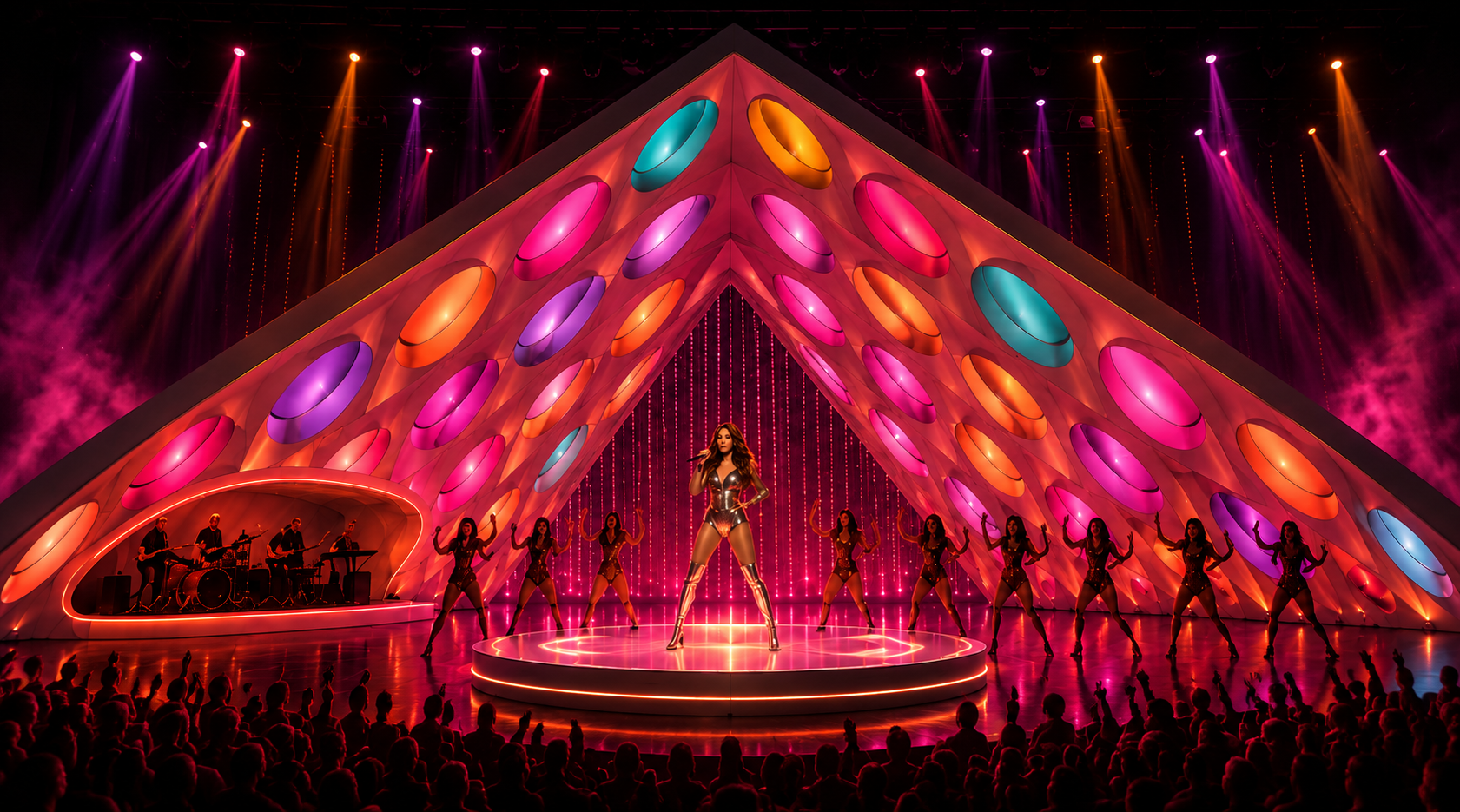 A stage with vibrant pink, purple, and orange lighting, featuring a female singer with backup dancers and a live band in the background, during a concert.