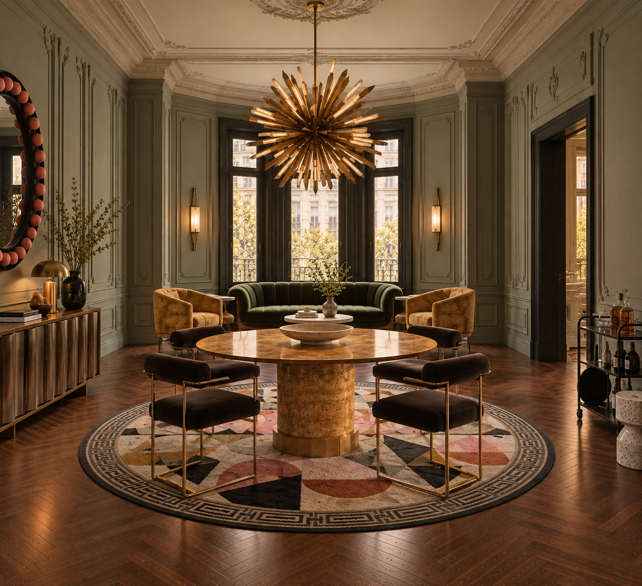 Elegant living room with green paneled walls, a large window with city view, a round wooden table with a decorative bowl, circular patterned rug, velvet chairs, and a gold chandelier.