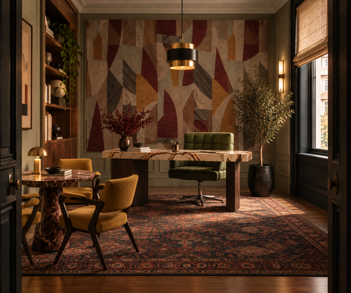 A stylish office with a marble desk, green tufted office chair, yellow armchairs, a patterned rug, and large windows with beige shades, a large potted plant, and modern wall art.
