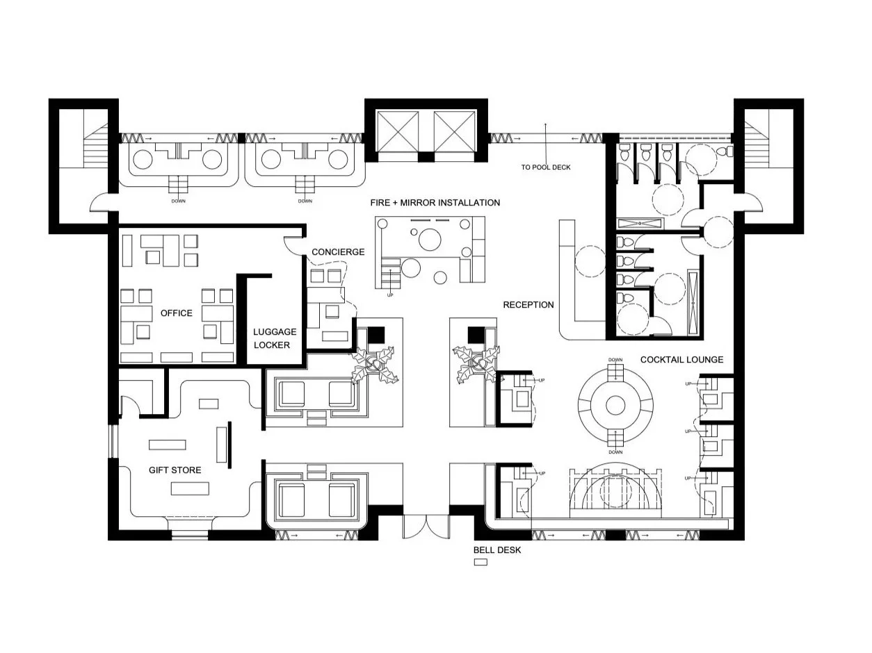 Floor plan of a hotel lobby and reception area, showing office, luggage locker, gift store, cocktail lounge, and restrooms.