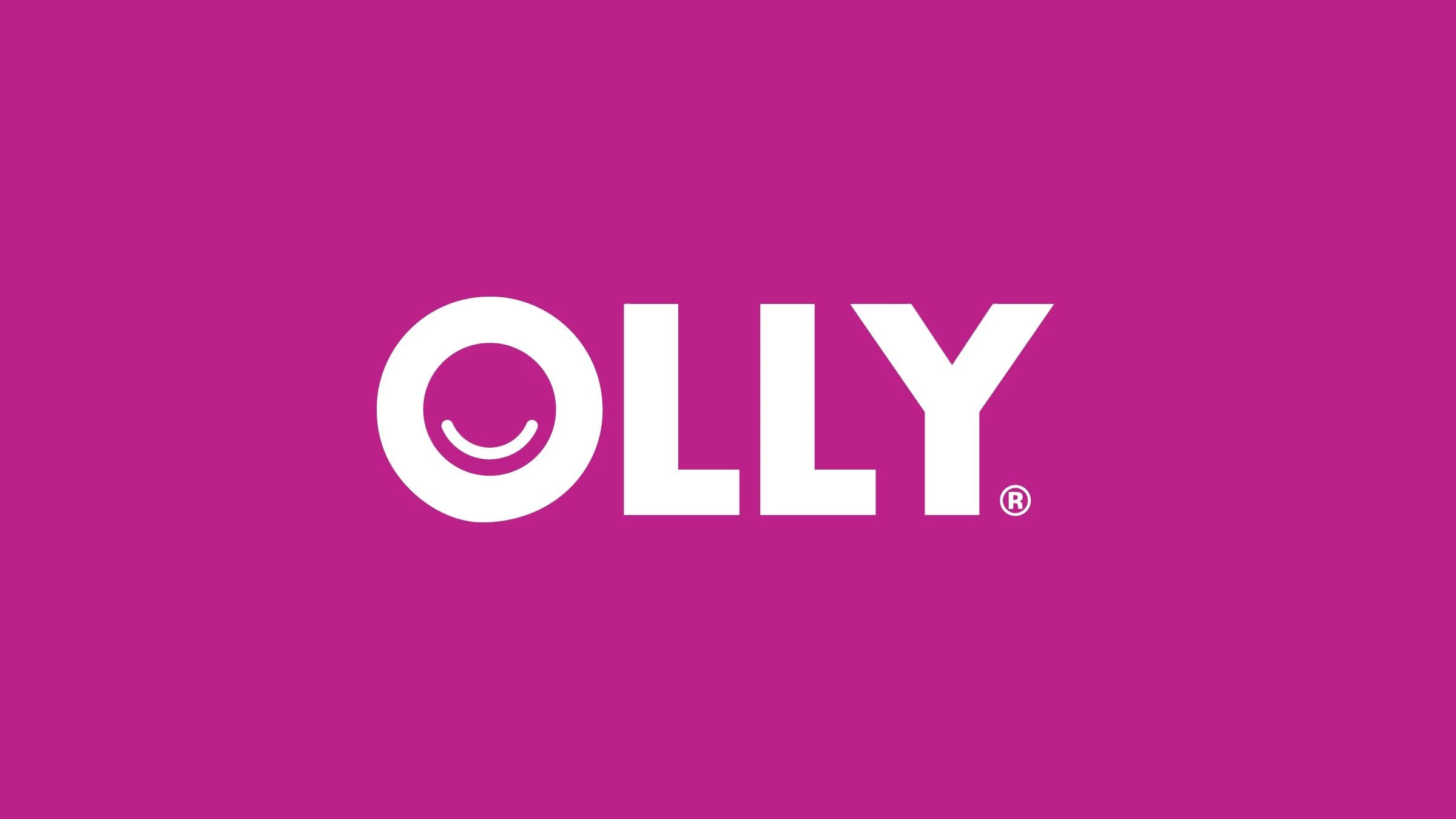 OLLY logo in white on a purple background with a smiling face in the O.