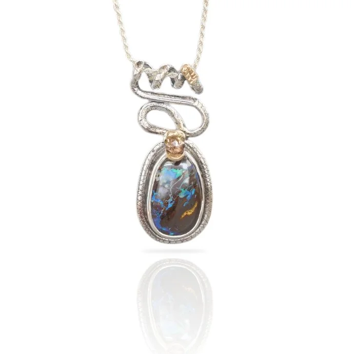 Boulder Opal, Diamond, Silver & Gold Rattlesnake Pendant
