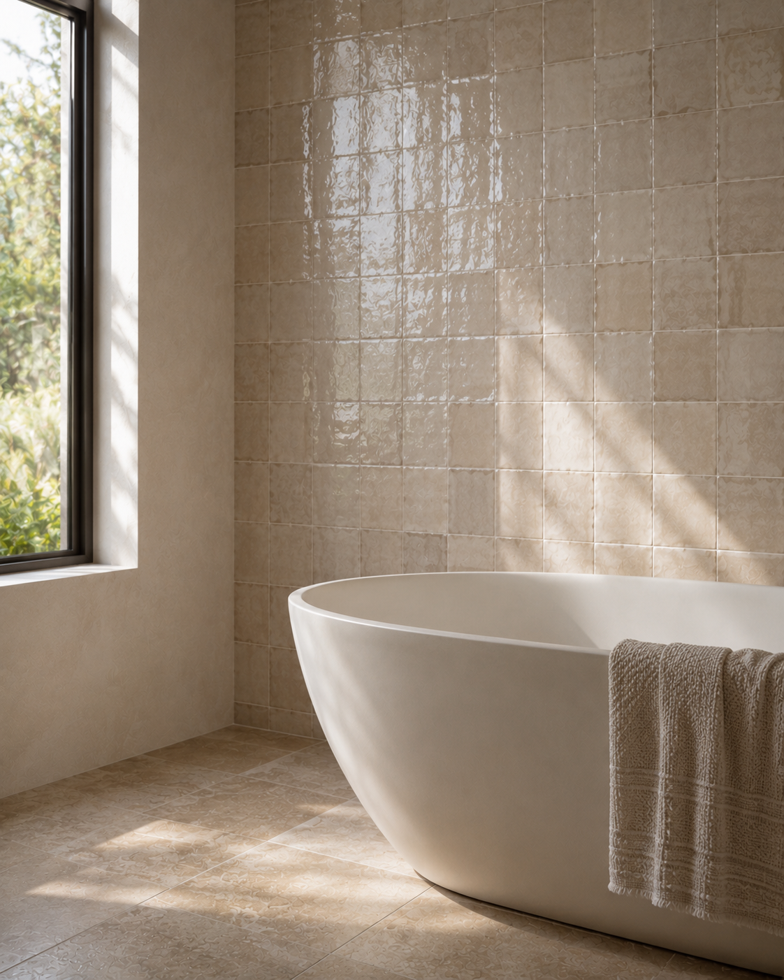 beige tile and tub next to a window