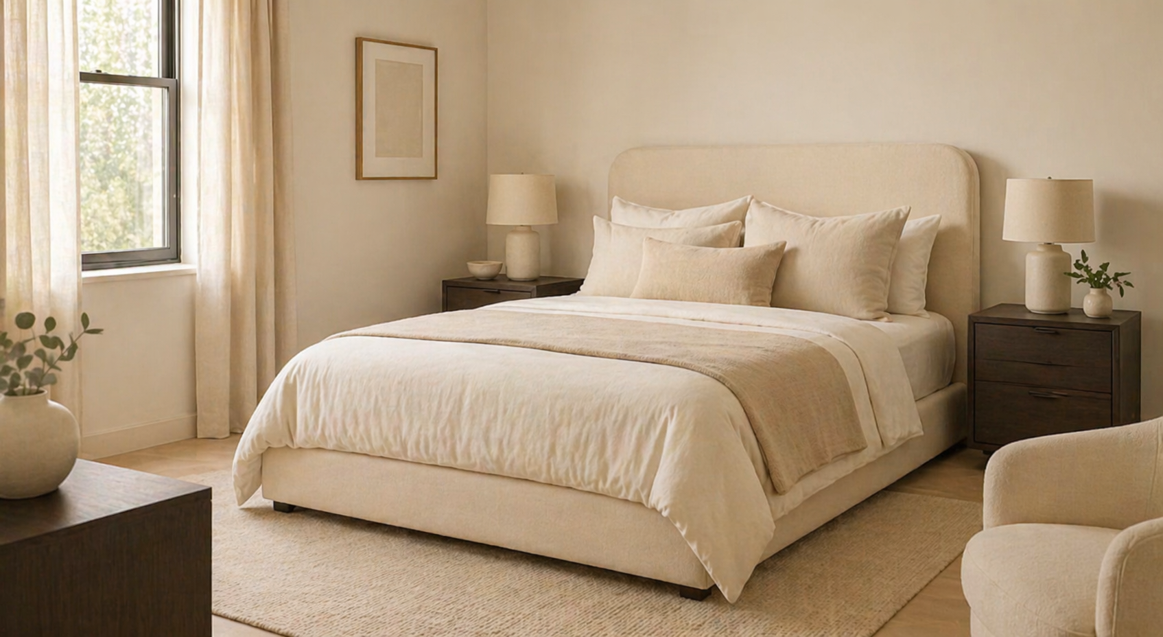 cream colored guest bedroom with a bed, two night stands, and a window and chair in the corner