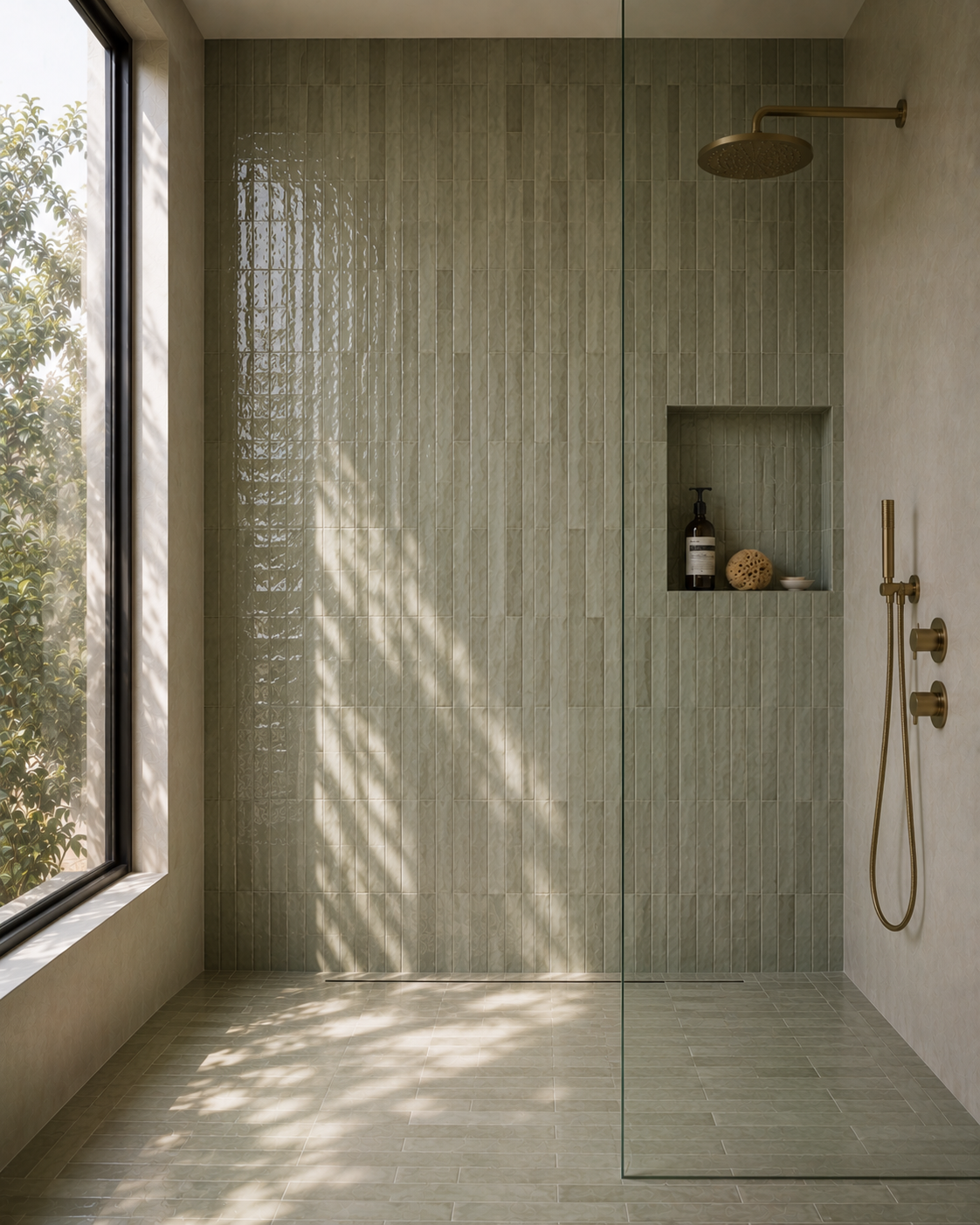 Floor to ceiling green tile shower with gold shower head
