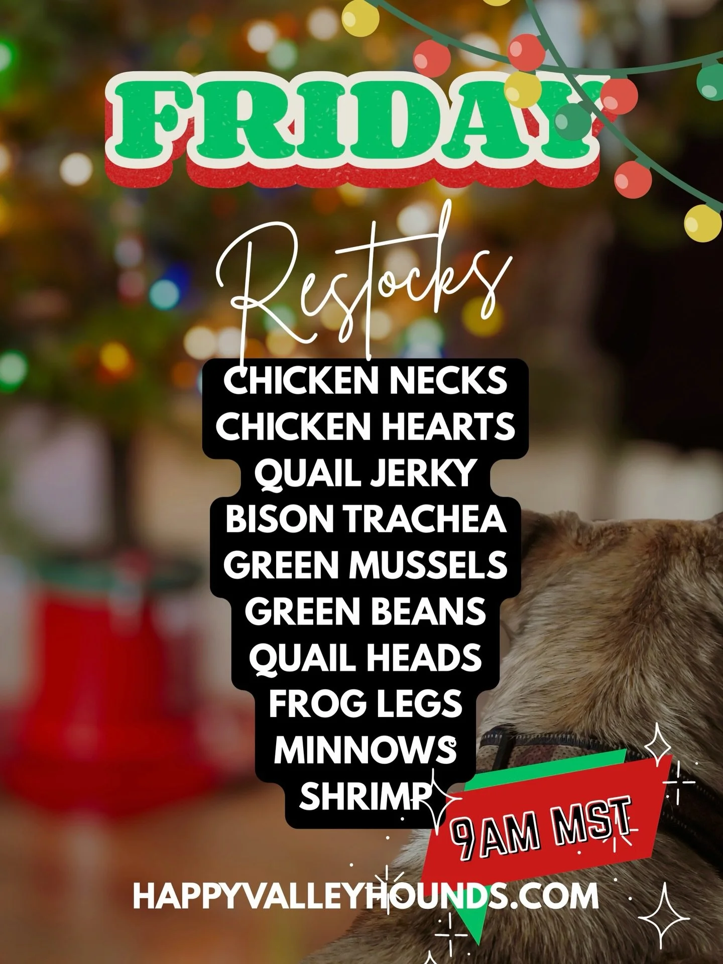 🚨RESTOCK FRIDAY! 🚨 &mdash; 9am MST
Your pups&rsquo; favorites are coming back just in time to restock your shelves after the holiday chaos 🎄

👇 Restock list:
* Chicken Necks
* Chicken Hearts
* Quail Jerky
* Bison Trachea
* Green Mussels
* Green B