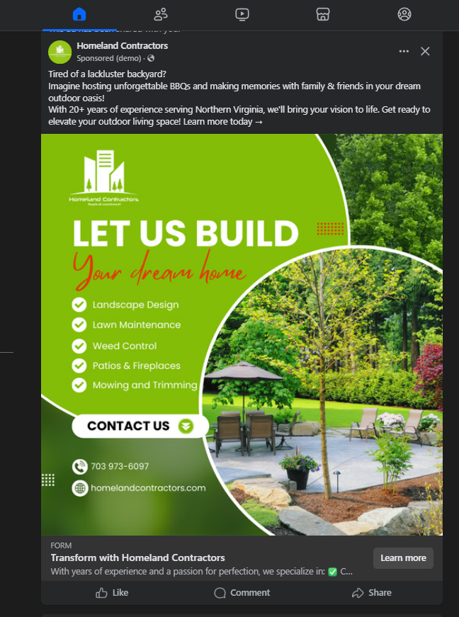 Facebook advertisement by Homeland Contractors featuring landscaping services. Offers landscape design, lawn maintenance, weed control, patios, fireplaces, mowing, and trimming. Background image of a well-maintained garden with patio furniture. Conta