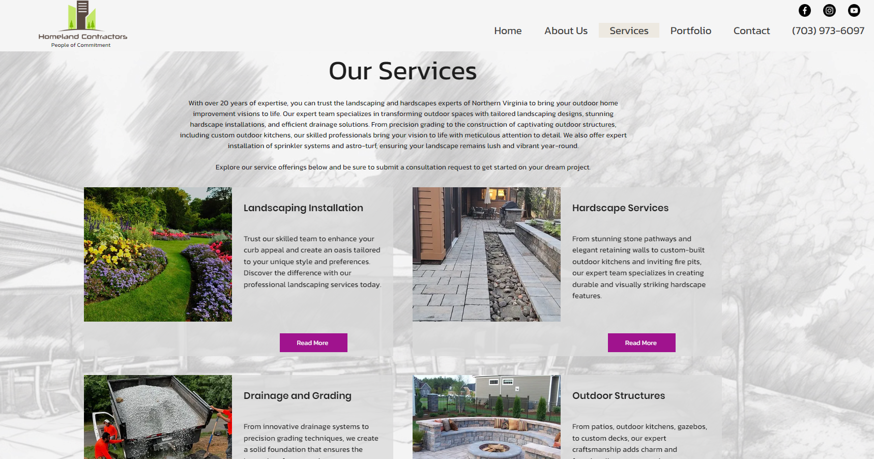 Webpage for Homeland Contractors displaying 'Our Services' with sections on Landscaping Installation, Hardscape Services, Drainage and Grading, and Outdoor Structures. Includes images of landscaped garden, stone pathway, gravel delivery, and a fire p
