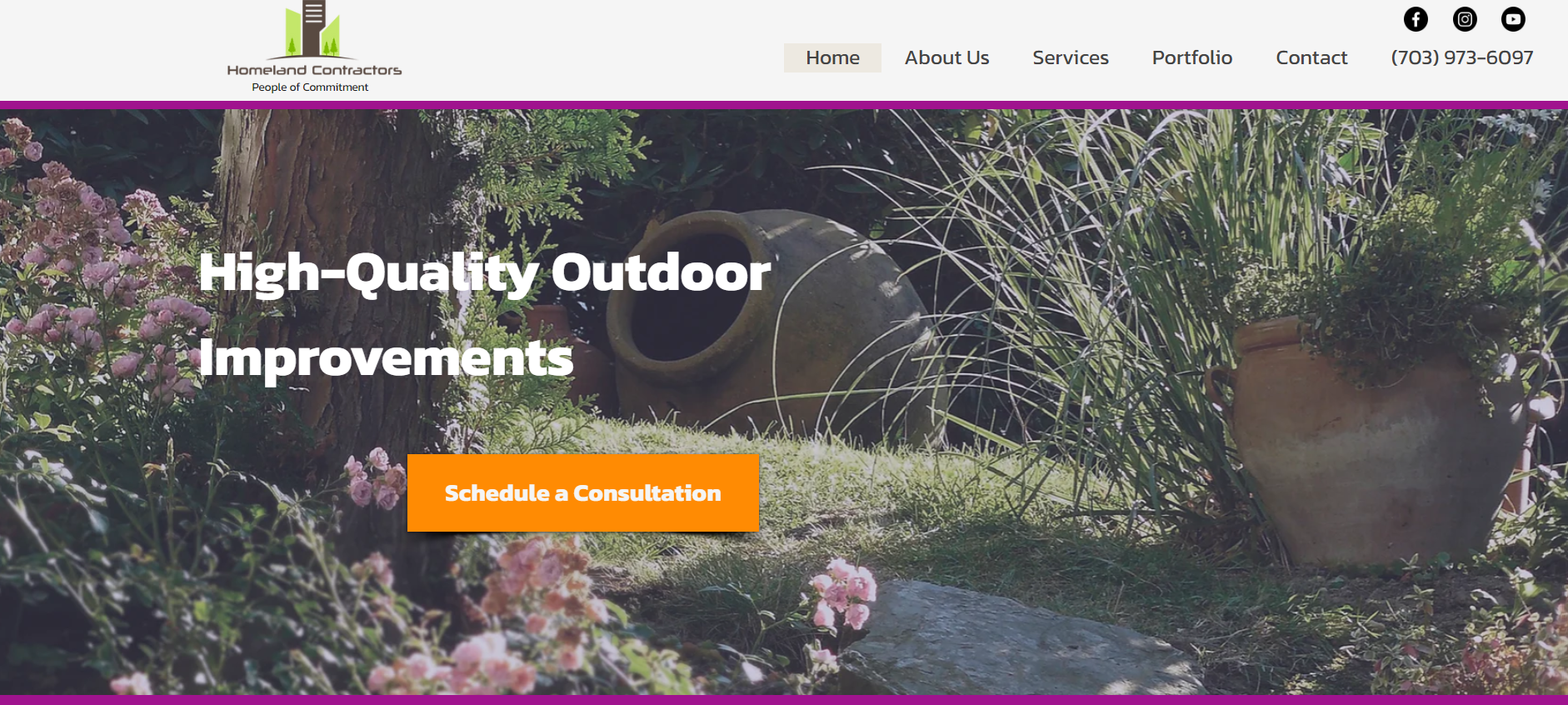 Homeland Contractors website homepage with garden scene, including flowers, trees, and large pottery; text reads 'High-Quality Outdoor Improvements' and 'Schedule a Consultation.'