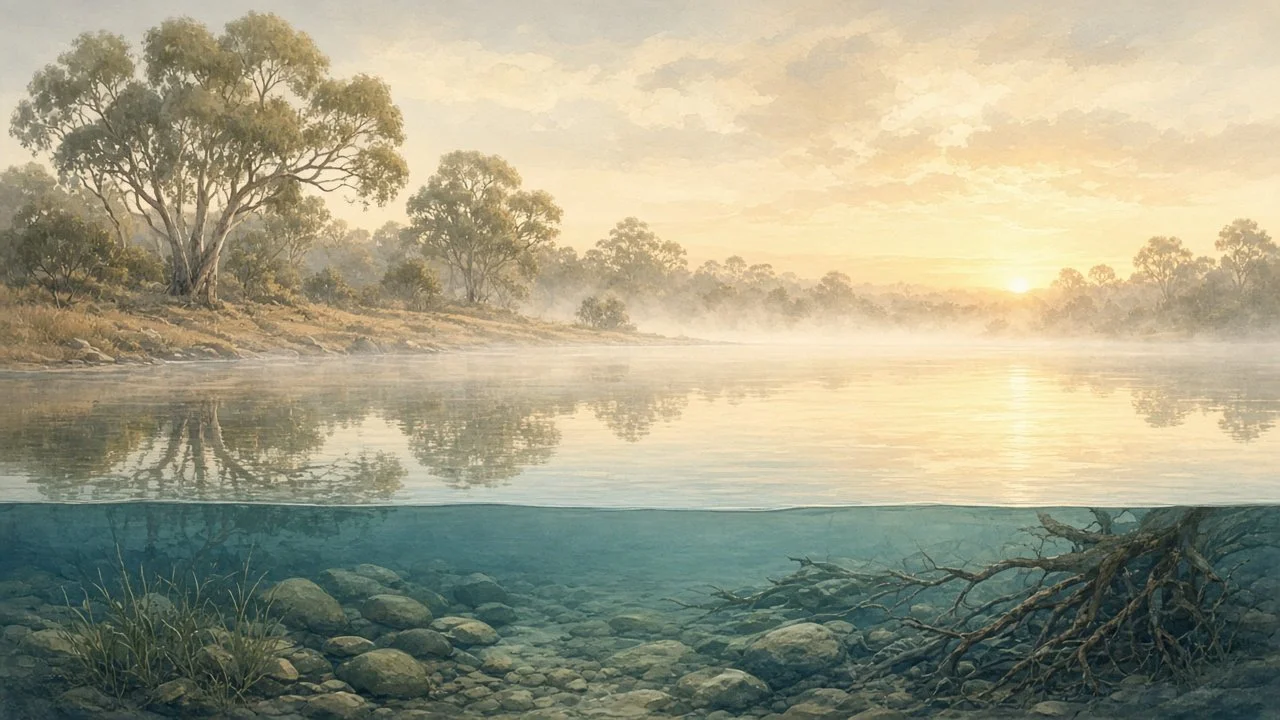 Misty lake at sunrise with gum trees and roots beneath the water