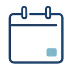 Icon of a white calendar with blue accents and a small blue square in the bottom right corner, hanging from two blue clips.