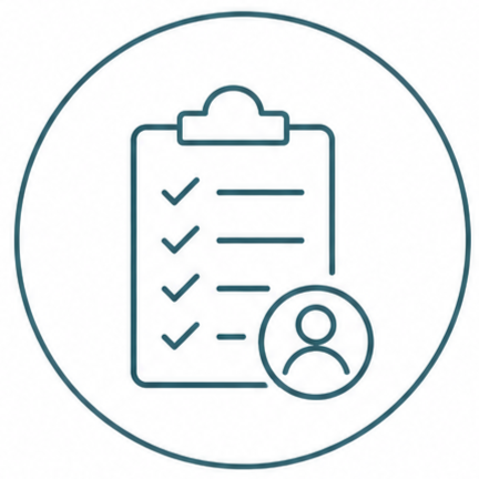Icon of a clipboard with a checklist and a user profile in a circle.