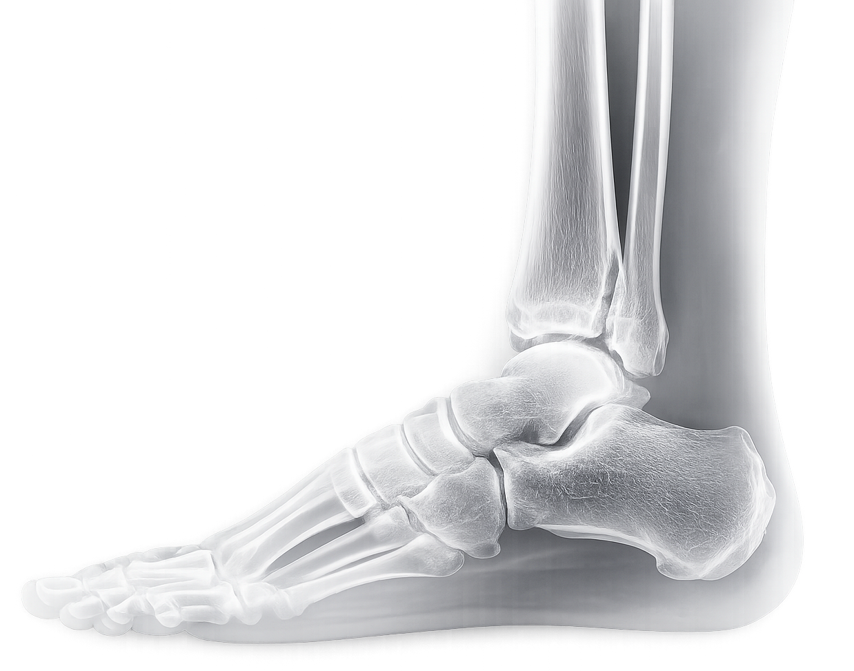 X-ray of a human foot highlighting bones and ankle joint.