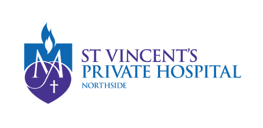 Logo of St. Vincent's Private Hospital Northside featuring a blue shield with a flame and a cross, alongside the hospital name in purple and blue text.