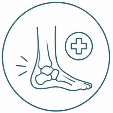 Outline of a human foot with an ankle and toes, a circular medical cross icon nearby, all enclosed in a circle.