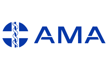 Logo of the American Medical Association (AMA) featuring a blue circle with a snake wrapped around a rod and the letters 'AMA' beside it.