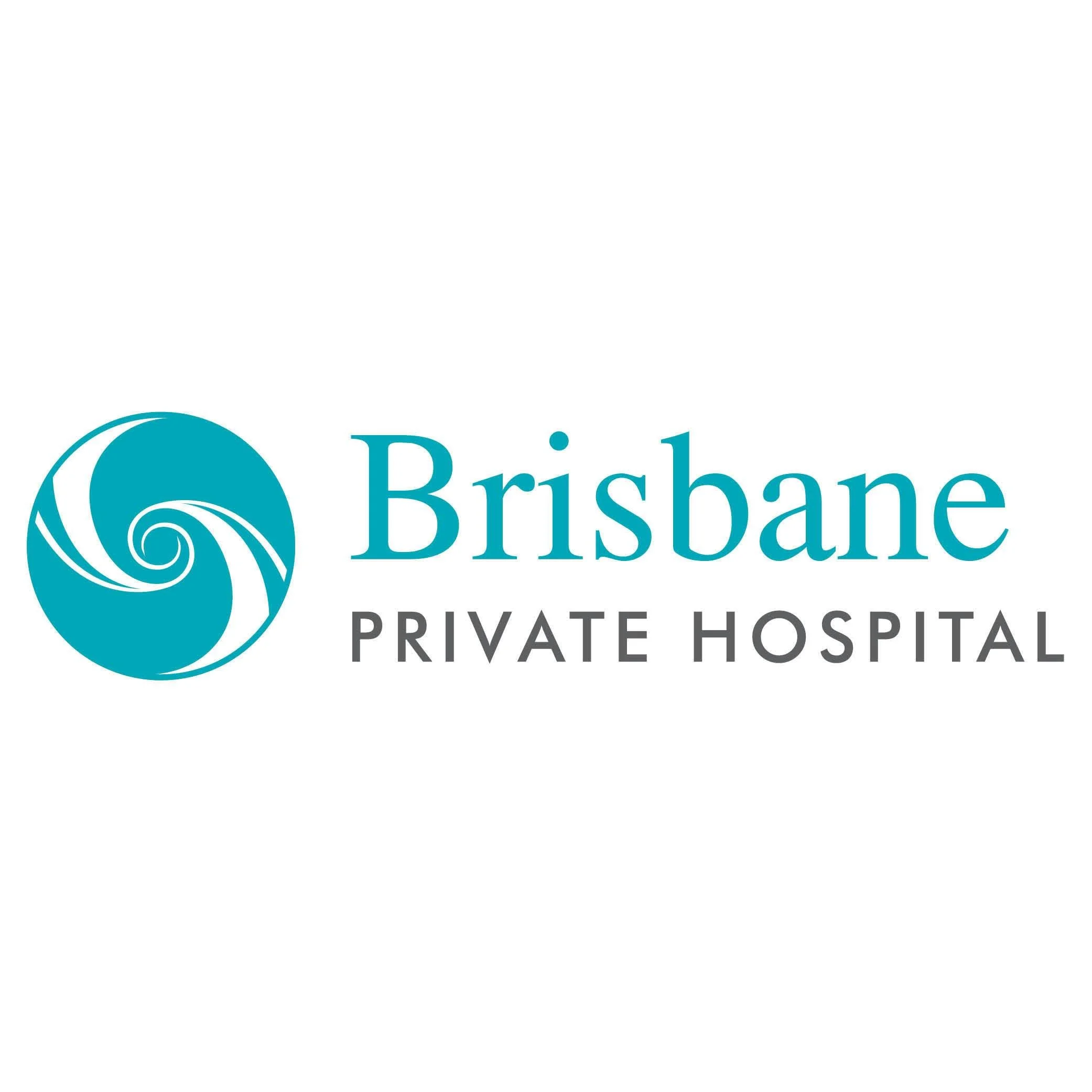 The logo for Brisbane Private Hospital features a stylized swirl in teal next to the words 'Brisbane'' in teal and 'PRIVATE HOSPITAL' in black, all on a white background.