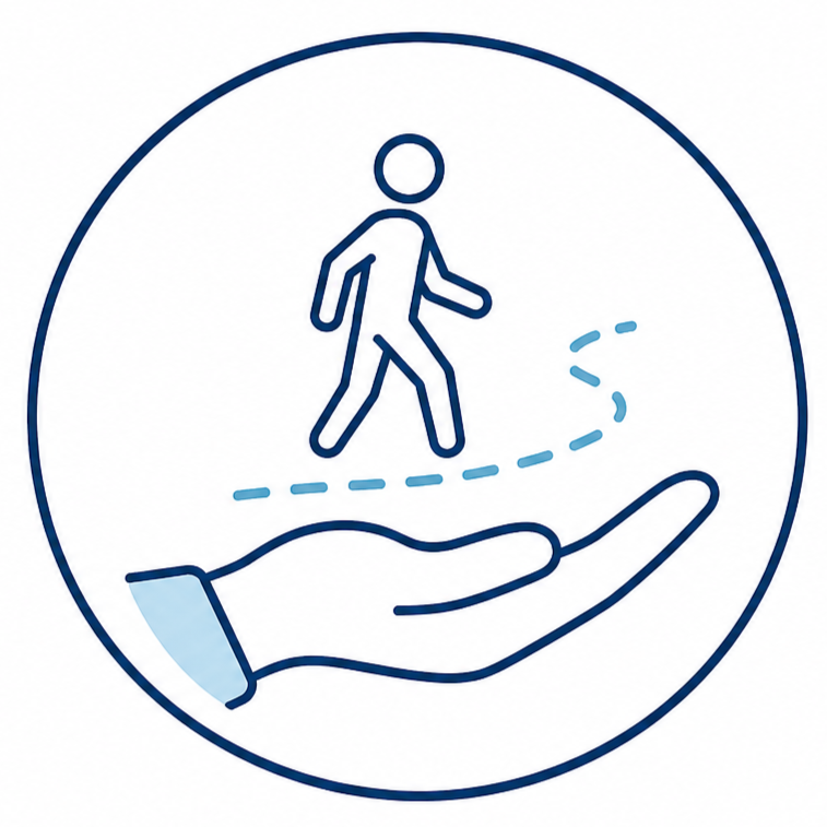 An icon of a hand holding a person walking, representing support or Care.