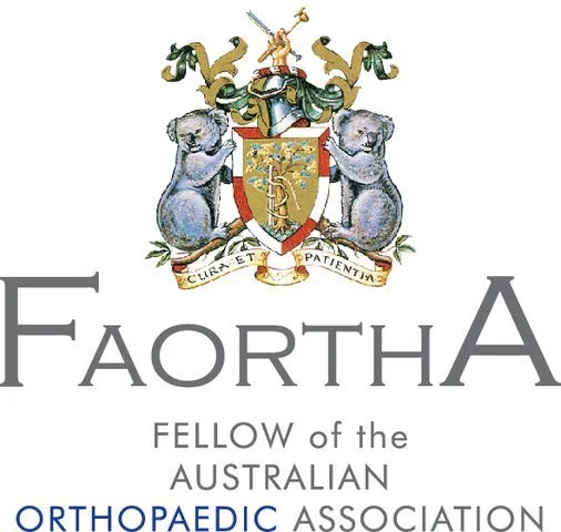 The logo of FaorthA, the Fellow of the Australian Orthopaedic Association, featuring a coat of arms with two gray koalas, a shield with a caduceus, and a knight's helmet on top.