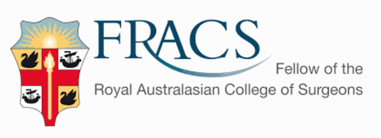 Logo of the Fellow of the Royal Australasian College of Surgeons (FRACS) with shield, sun, and various symbols.