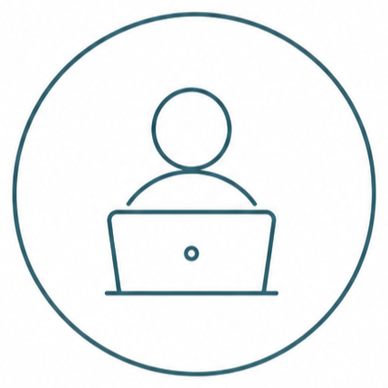 Line drawing of a person sitting in front of a laptop, inside a circle