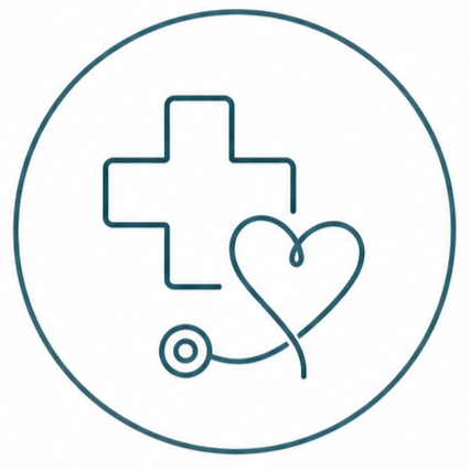 Medical cross, stethoscope, and heart icon inside a circle, symbolizing healthcare or medical services.