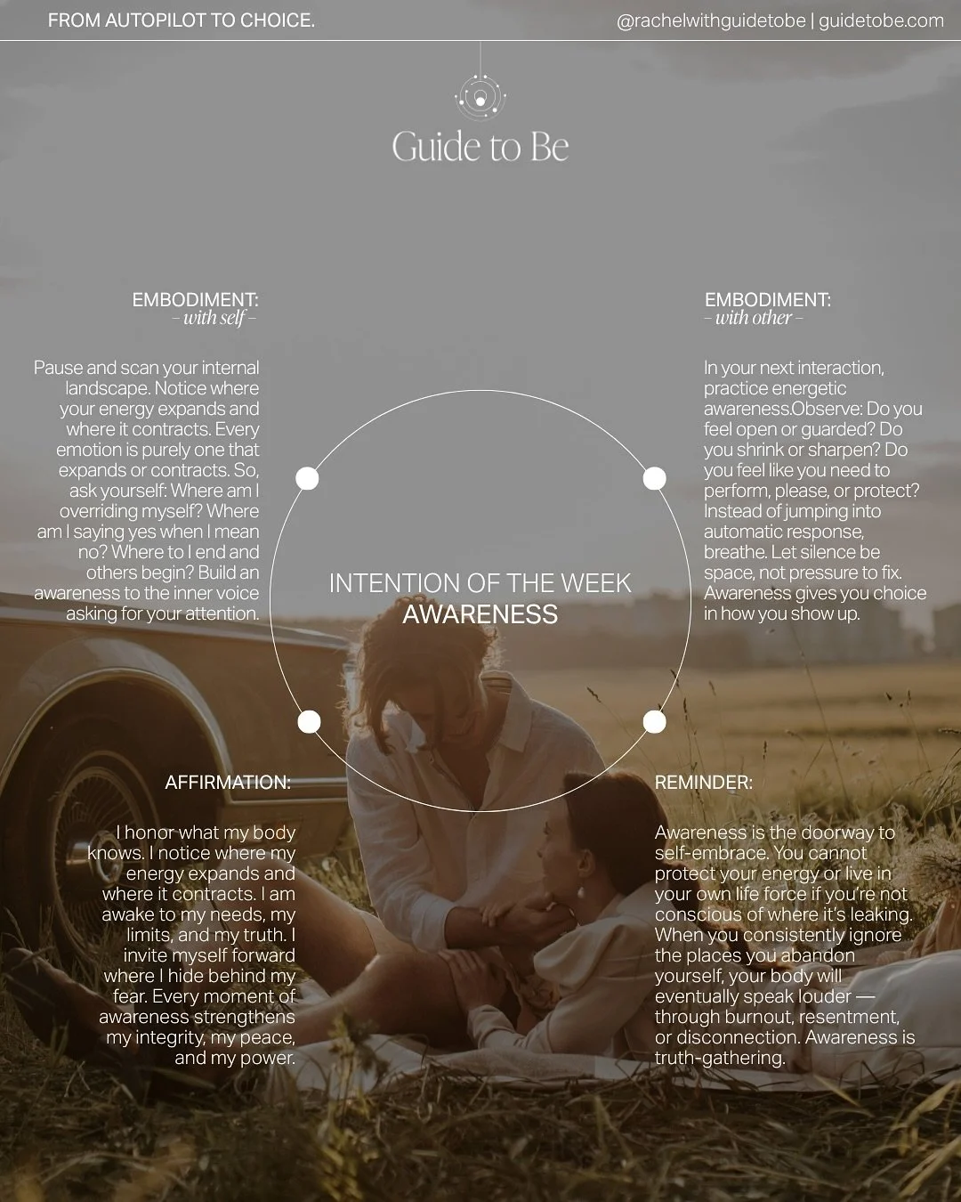 AWARENESS | the quiet understanding of what is above, below, around and within. 

The first step to a healthy relationship with ourselves and anyone else is to notice yourself. Notice where your energy expands &mdash; and where it drains. Where you f