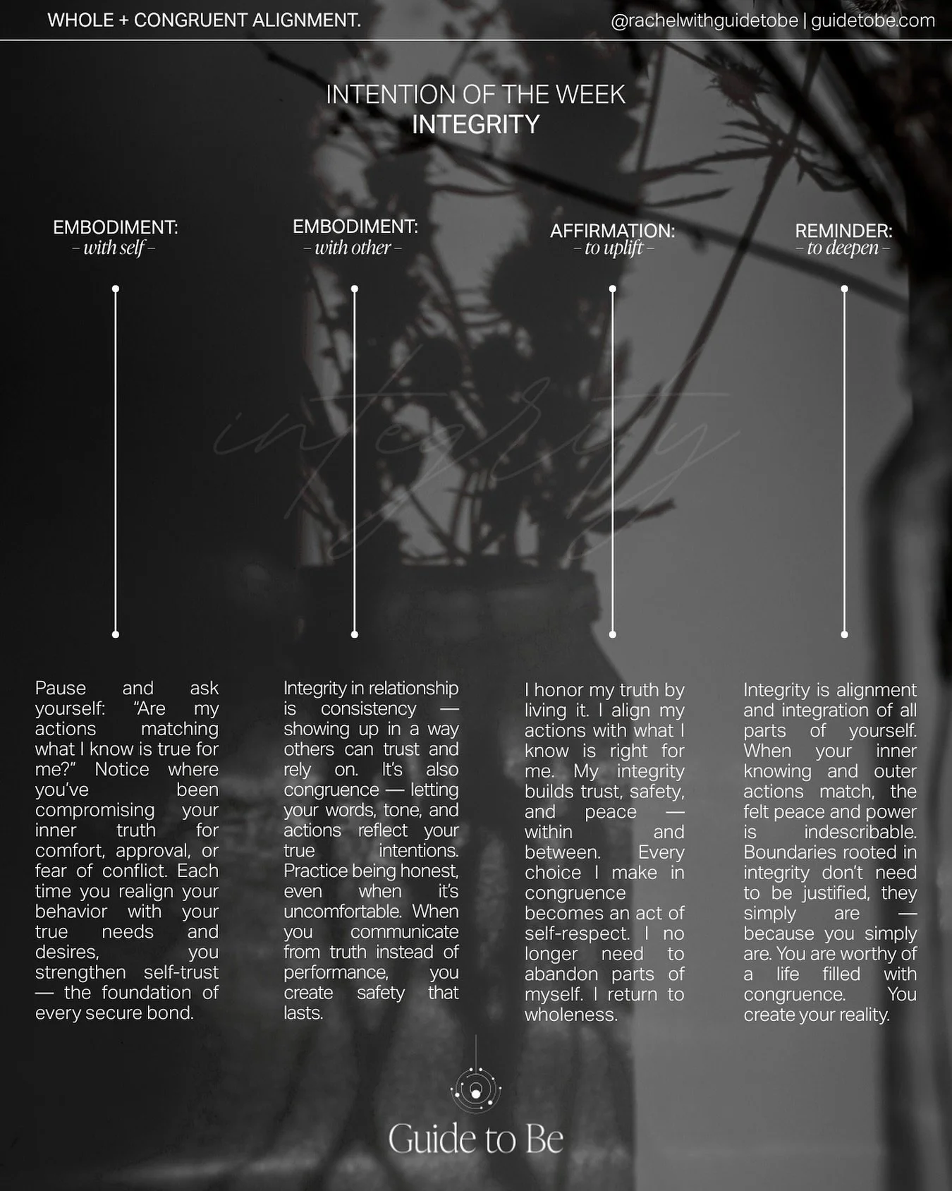 INTEGRITY | the state of being whole and&nbsp;undivided. 

When you honor your truth, you build trust &mdash; with yourself first, then with others.

Integrity isn&rsquo;t about perfection. It&rsquo;s about consist courage to let your inner knowing g