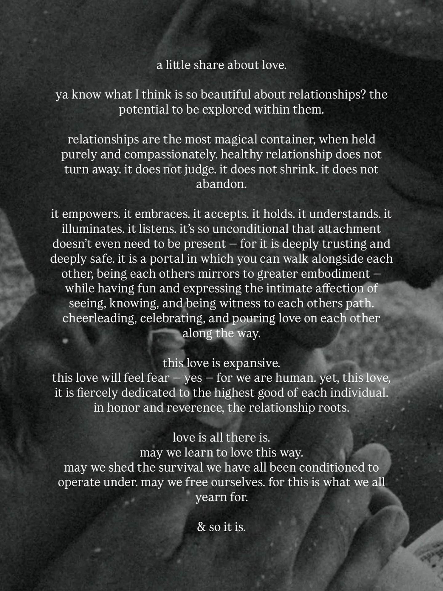 my thoughts on love &mdash; 2.19.2026

&mdash;&mdash;

I think love has become really misinterpreted. In our pain, it has become tainted by &ldquo;attachment,&rdquo; when in truth, pure and unconditional love is quite the opposite. 

It&rsquo;s so tr