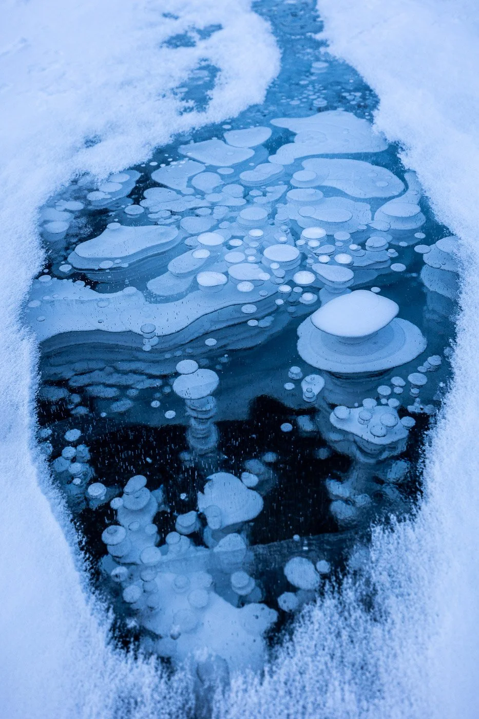Close up of stacked methane ice bubbles frozen lake Canadian Rockies