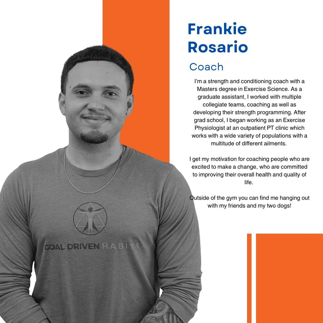 Welcome Frankie to the coaching team at GDH! He is joining us after working the last 18 months alongside Physical Therapists and other strength coaches in a hybrid setting in Center City. He brings a wealth of knowledge and enthusiasm to the team and