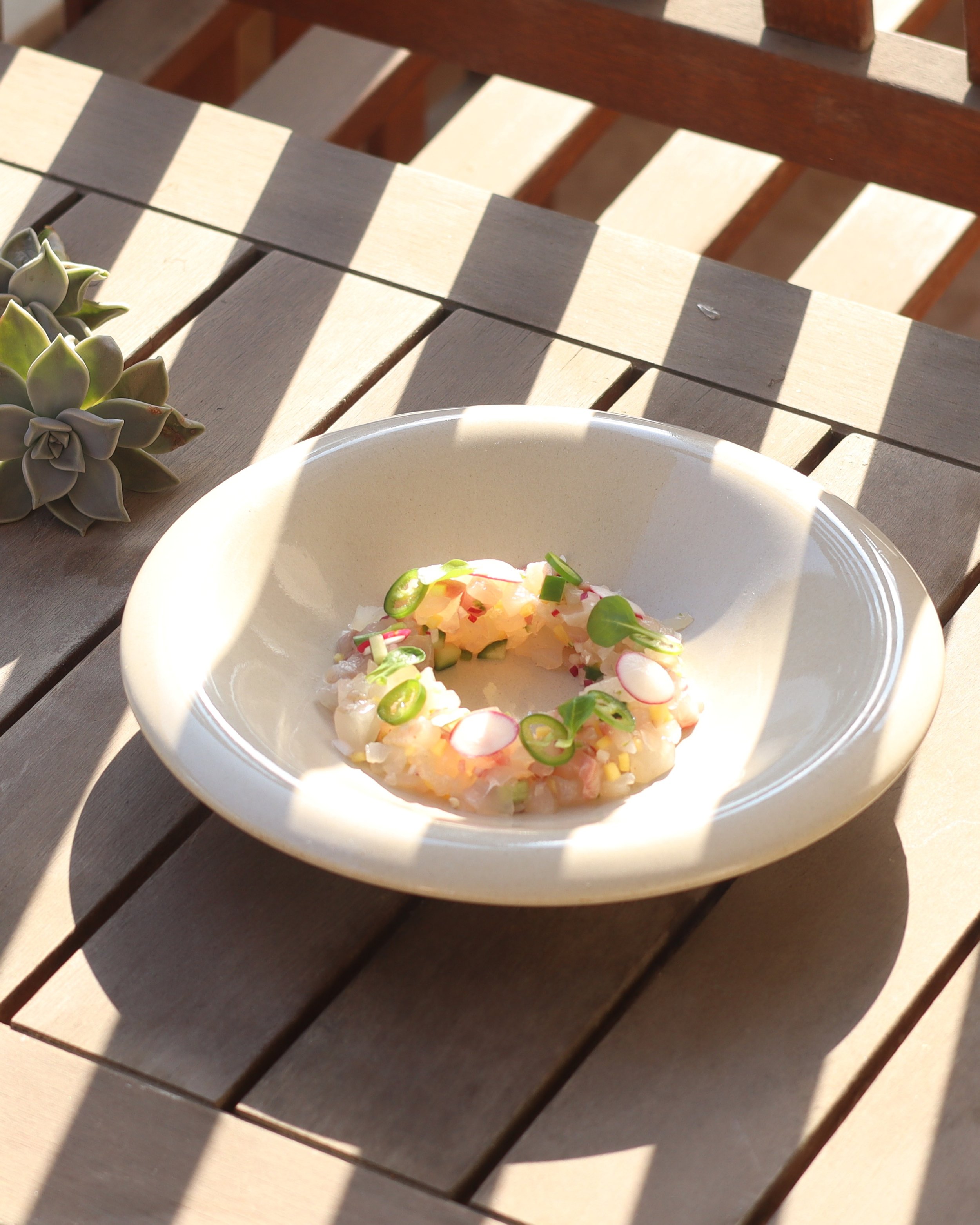 A white plate with chopped vegetables, including radishes and green onions, on a wooden outdoor table with sunlight and shadows.
